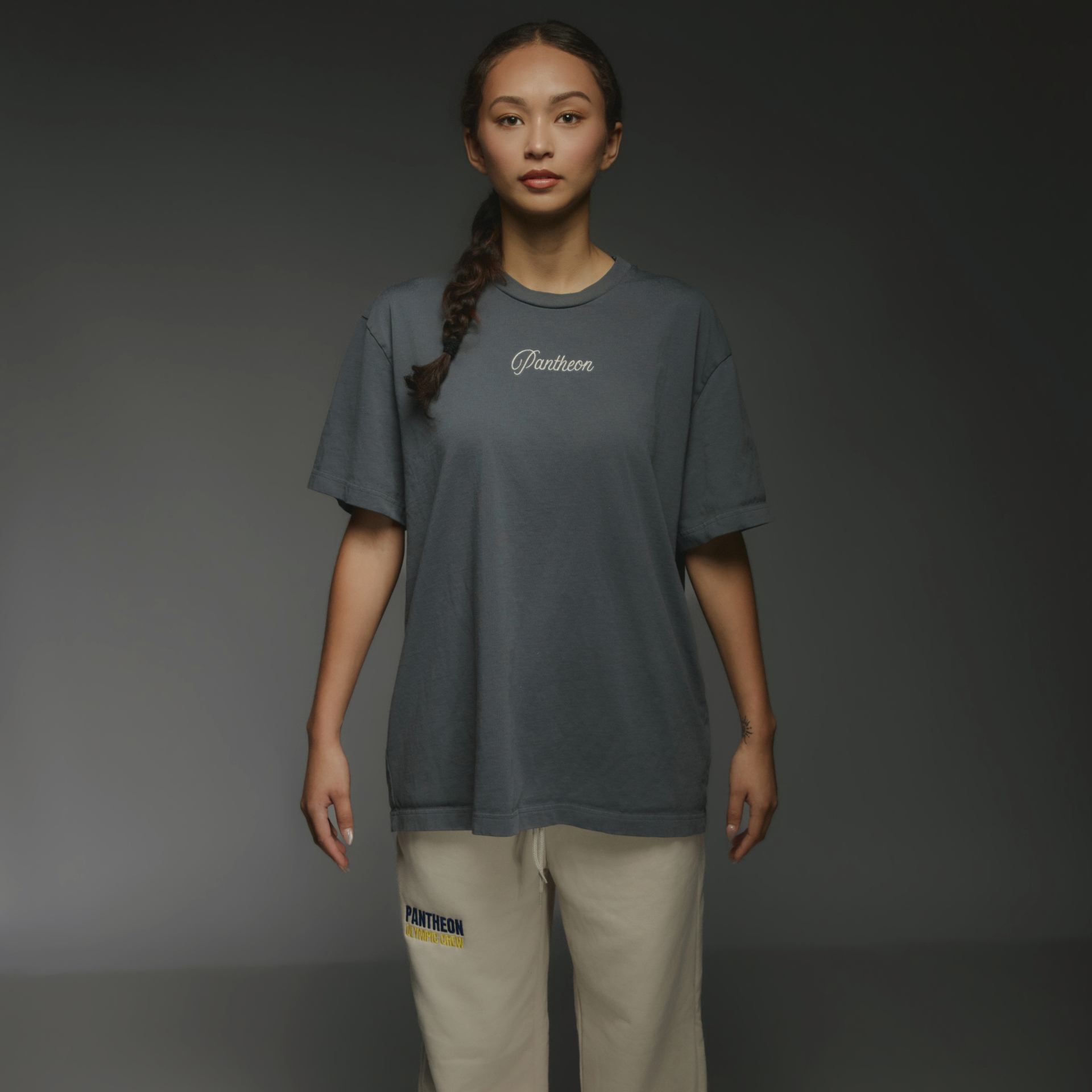 Avenue of the Gods Tee: Slate Blue with Cream Embroidery